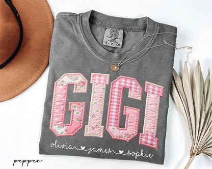 Personalized Gigi Shirt With Grandkids Names, Floral Faux Patchwork Grandma Tee, Mothers Day Gift For Nana, New Gigi Gifts