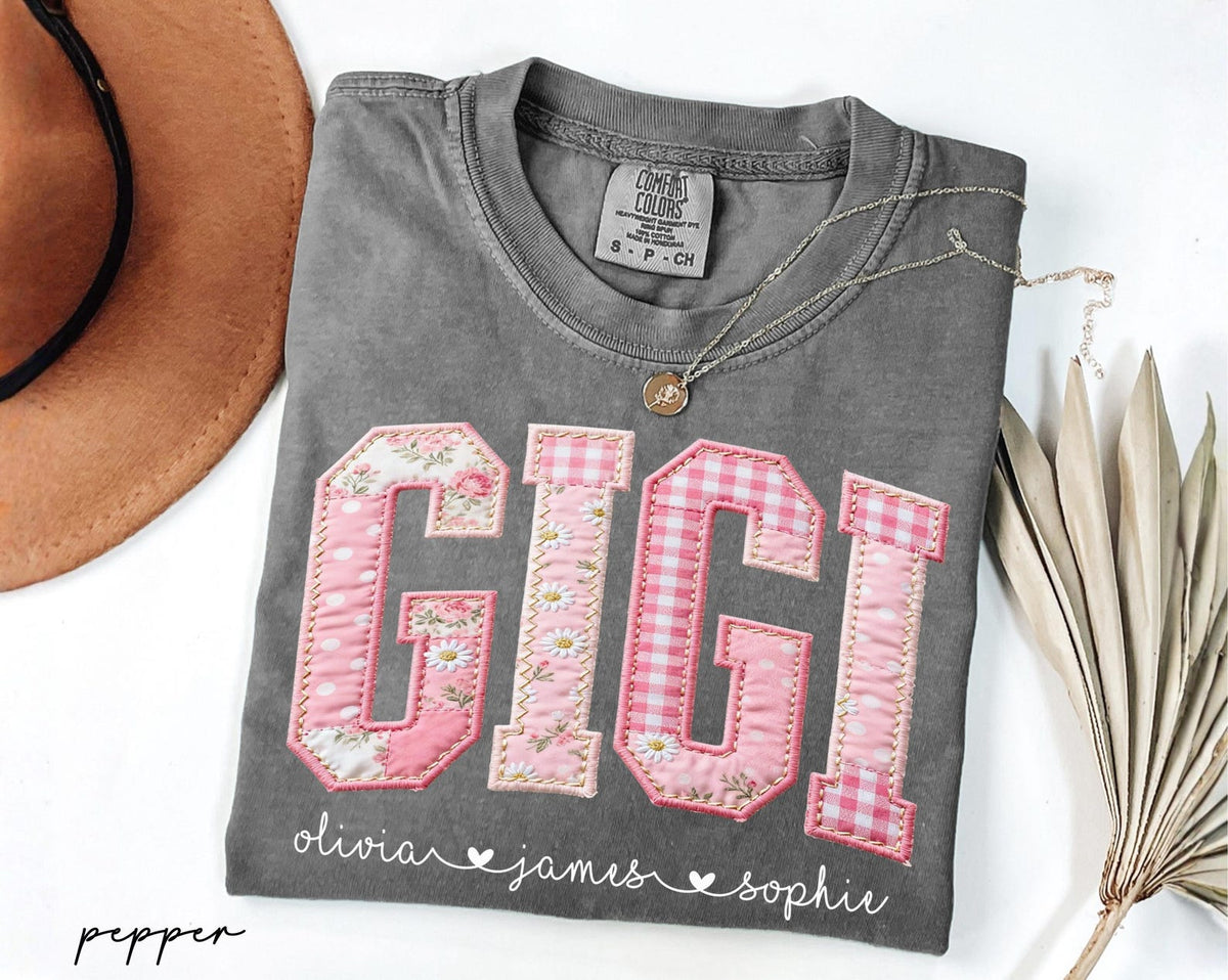 Personalized Gigi Shirt With Grandkids Names, Floral Faux Patchwork Grandma Tee, Mothers Day Gift For Nana, New Gigi Gifts