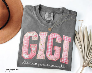 Personalized Gigi Shirt With Grandkids Names, Floral Faux Patchwork Grandma Tee, Mothers Day Gift For Nana, New Gigi Gifts