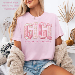 Personalized Gigi Shirt With Grandkids Names, Floral Faux Patchwork Grandma Tee, Mothers Day Gift For Nana, New Gigi Gifts