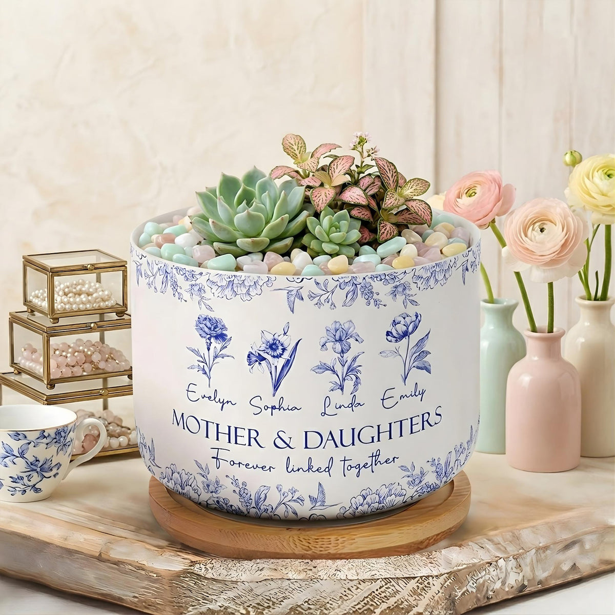 Personalized Mother & Daughters Plant Pot, Forever Linked Together Pot, Birth Month Flower Pot, Mother's Day Gift, Mom Birthday Gift