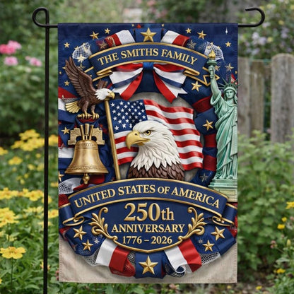 Personalized America 250th Anniversary Garden Flag, 1776-2026 Patriotic Flag, Semiquincentennial Family Name Home Decor