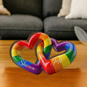Personalized Rainbow Heart Block: Custom LGBT Interlocking Sign, Couple Name Decor