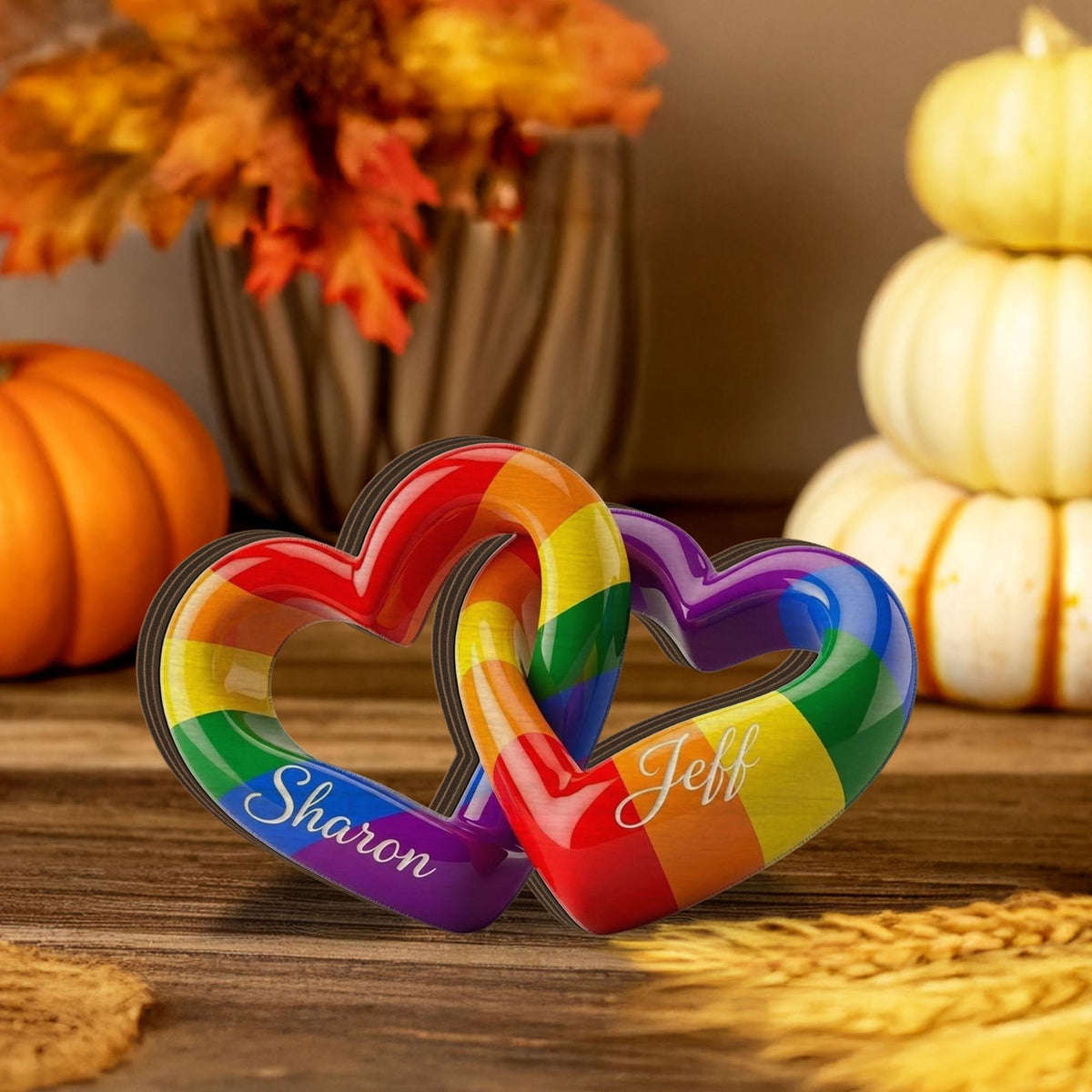 Personalized Rainbow Heart Block: Custom LGBT Interlocking Sign, Couple Name Decor