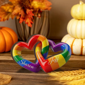 Personalized Rainbow Heart Block: Custom LGBT Interlocking Sign, Couple Name Decor