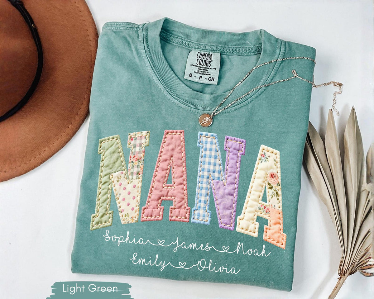 Personalized Gigi Faux Patchwork Shirt Comfort Colors Tshirt Grandma Shirt With Grandkids, Custom Mimi Tee, Gift For Gigi, Nana, Mothers Day Gift