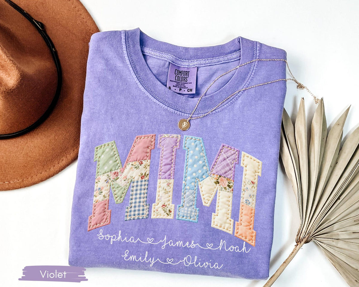 Personalized Gigi Faux Patchwork Shirt Comfort Colors Tshirt Grandma Shirt With Grandkids, Custom Mimi Tee, Gift For Gigi, Nana, Mothers Day Gift