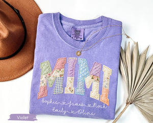 Personalized Gigi Faux Patchwork Shirt Comfort Colors Tshirt Grandma Shirt With Grandkids, Custom Mimi Tee, Gift For Gigi, Nana, Mothers Day Gift