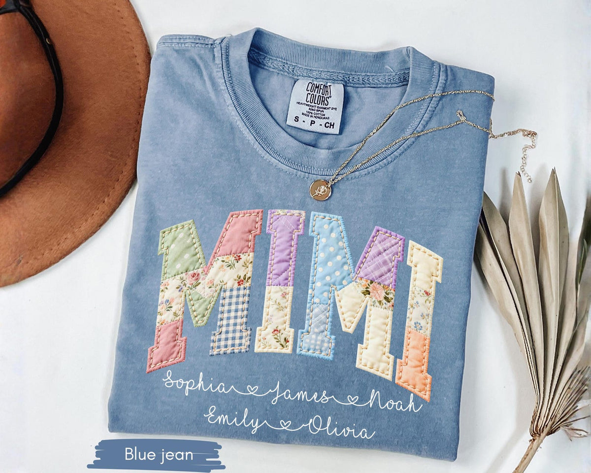 Personalized Gigi Faux Patchwork Shirt Comfort Colors Tshirt Grandma Shirt With Grandkids, Custom Mimi Tee, Gift For Gigi, Nana, Mothers Day Gift