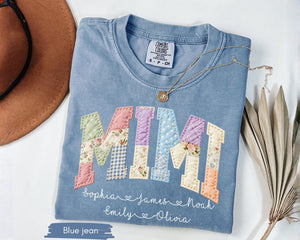 Personalized Gigi Faux Patchwork Shirt Comfort Colors Tshirt Grandma Shirt With Grandkids, Custom Mimi Tee, Gift For Gigi, Nana, Mothers Day Gift