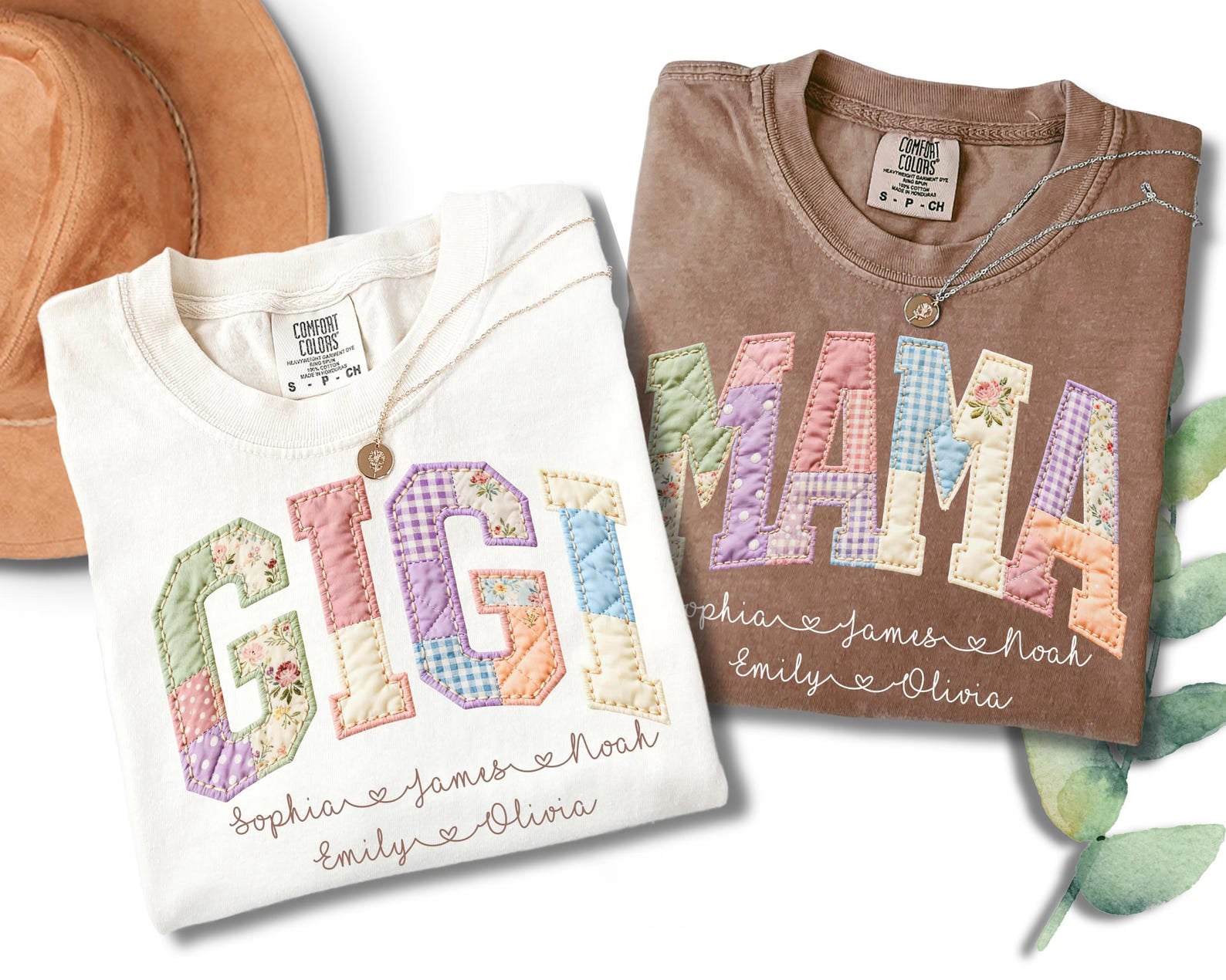 Personalized Gigi Faux Patchwork Shirt Comfort Colors Tshirt Grandma Shirt With Grandkids, Custom Mimi Tee, Gift For Gigi, Nana, Mothers Day Gift