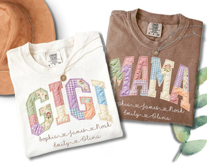 Personalized Gigi Faux Patchwork Shirt Comfort Colors Tshirt Grandma Shirt With Grandkids, Custom Mimi Tee, Gift For Gigi, Nana, Mothers Day Gift
