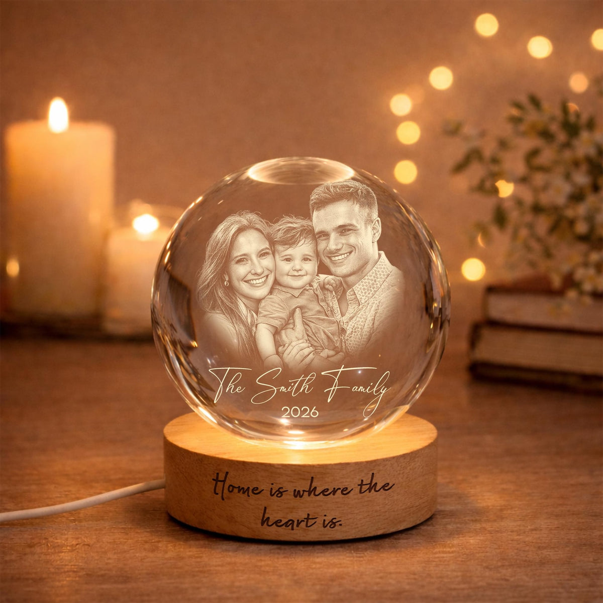 Personalized 3D Crystal Ball Photo Portrait LED, Engraved Photo Ball LED Night Light, Family Photo Gift, Anniversary Gifts