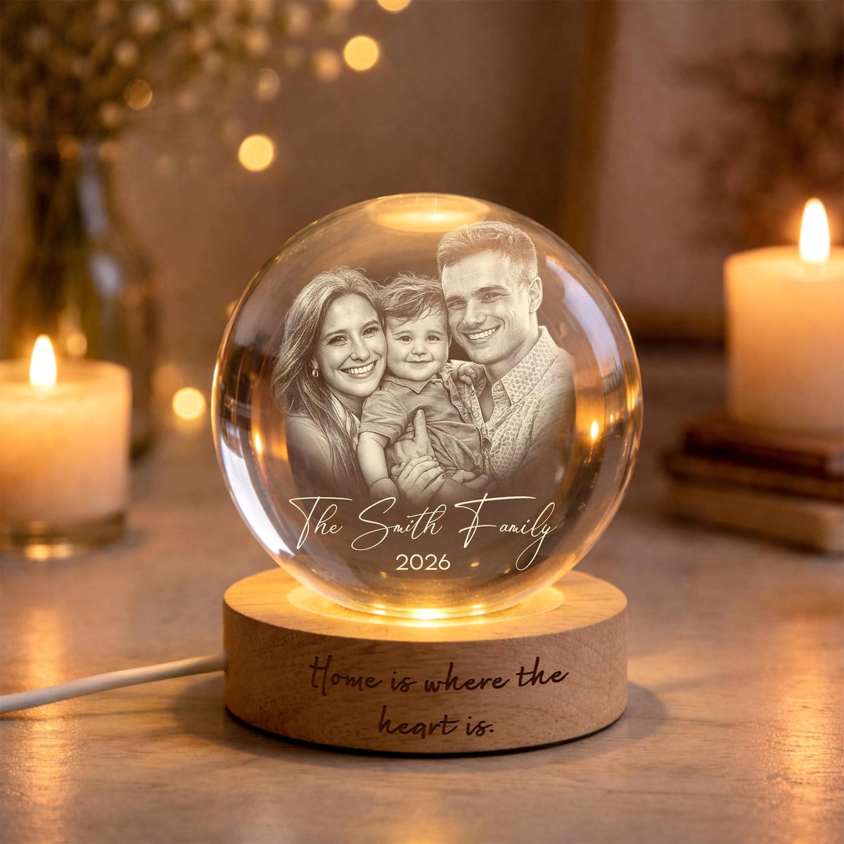 Personalized 3D Crystal Ball Photo Portrait LED, Engraved Photo Ball LED Night Light, Family Photo Gift, Anniversary Gifts