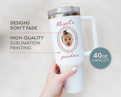 Grandma Baby Photo Tumbler 40oz with Handle, Custom Mimi Gigi Nana Gift, Personalized Photo Gift, Mother s Day Birthday Cup