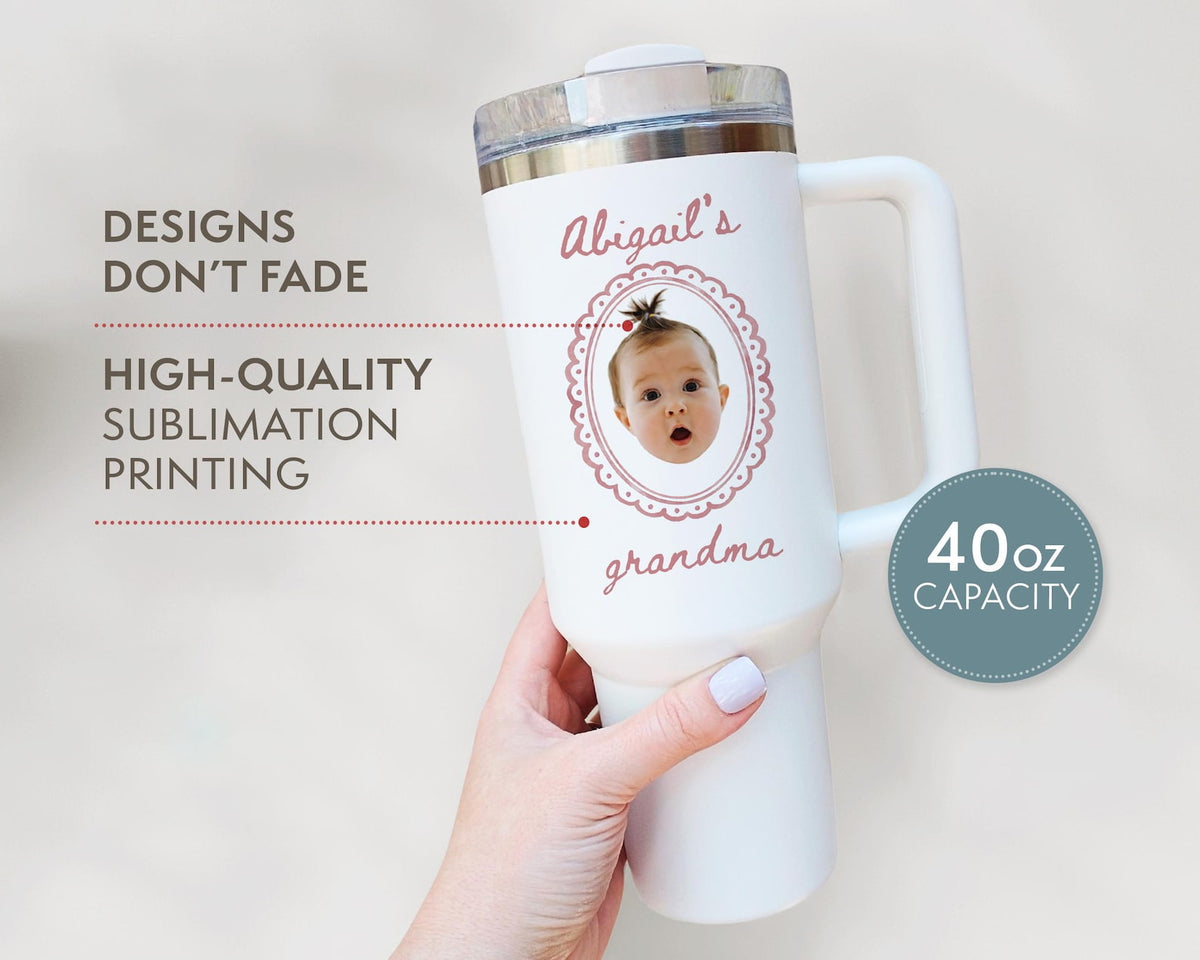 Grandma Baby Photo Tumbler 40oz with Handle, Custom Mimi Gigi Nana Gift, Personalized Photo Gift, Mother s Day Birthday Cup
