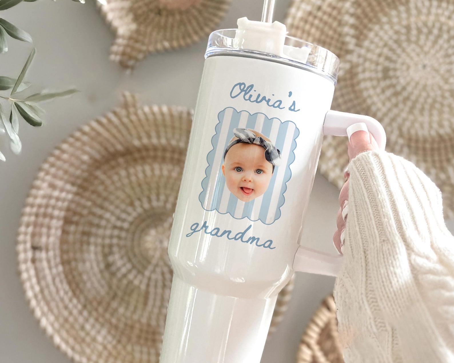 Grandma Baby Photo Tumbler 40oz with Handle, Custom Mimi Gigi Nana Gift, Personalized Photo Gift, Mother s Day Birthday Cup