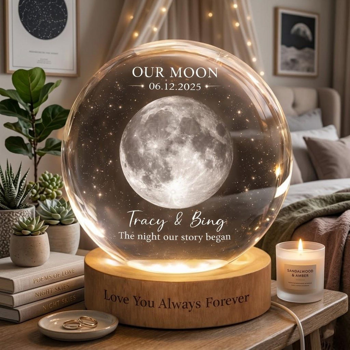 Personalized Moon Phase Crystal Ball Night Light, Our Special Day Moon Lamp, Custom Night Sky By Date Gift, Anniversary Gift For Couple