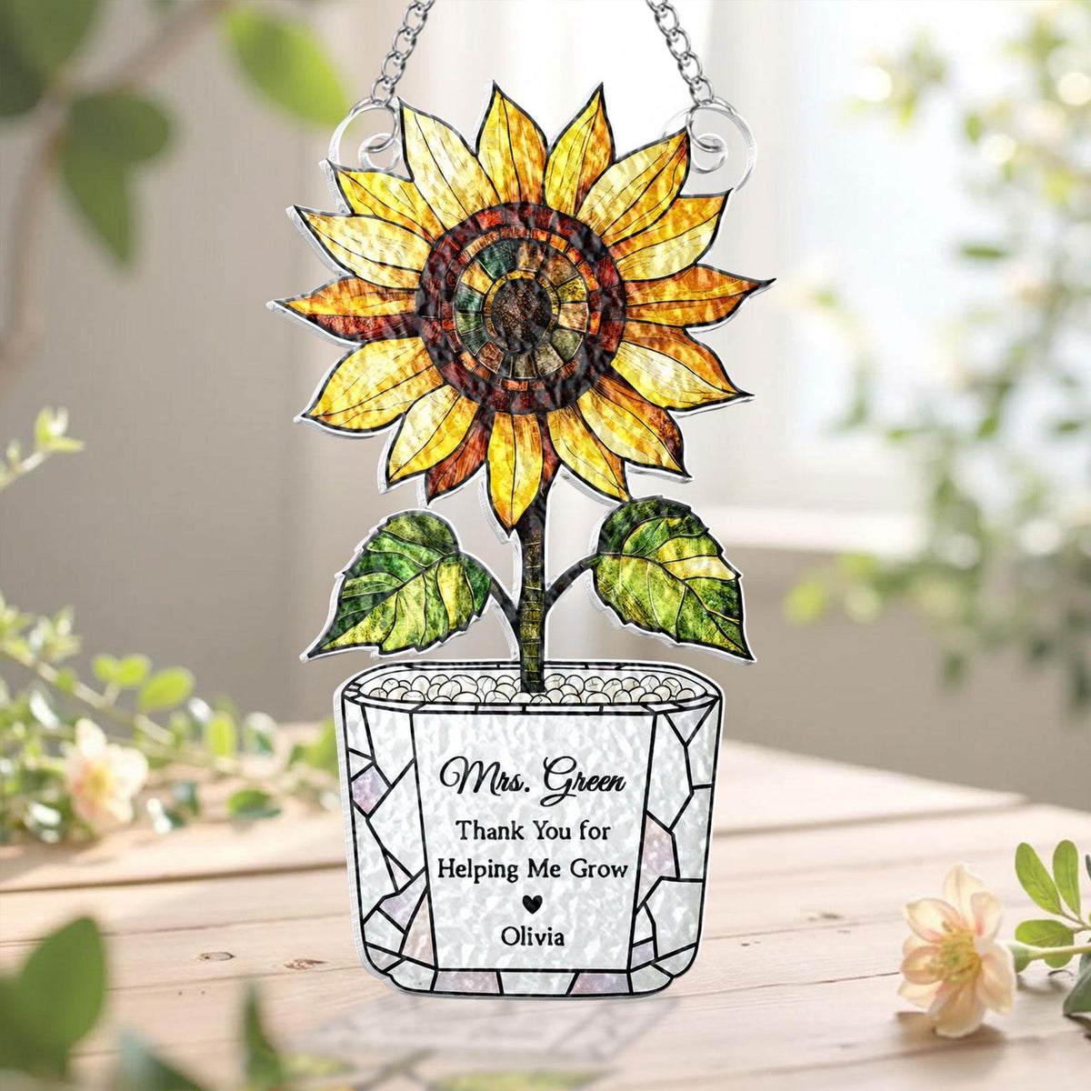 Personalized Sunflower Teacher Acrylic Suncatcher: Thank You For Helping Me Grow, Teacher Appreciation Gift