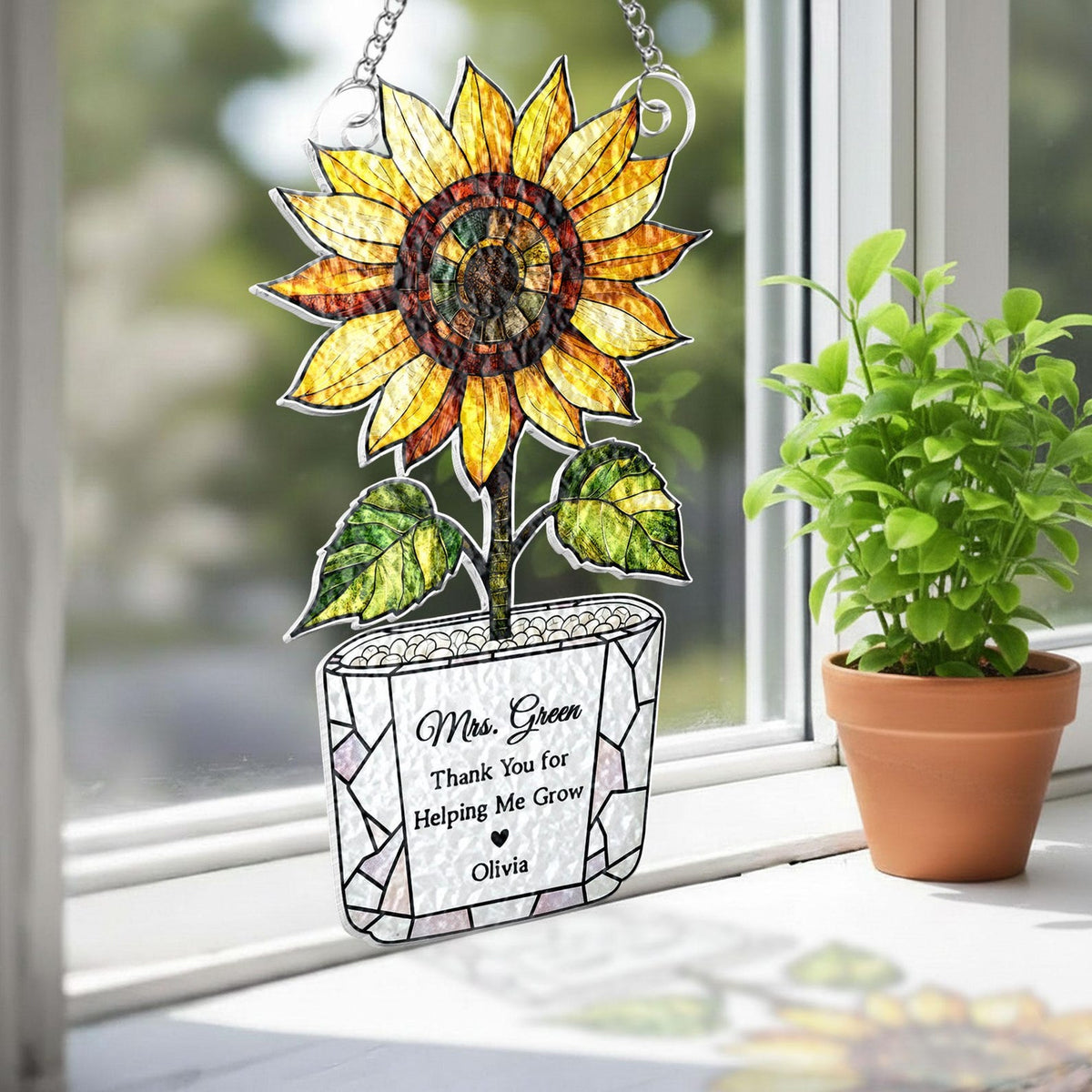 Personalized Sunflower Teacher Acrylic Suncatcher: Thank You For Helping Me Grow, Teacher Appreciation Gift