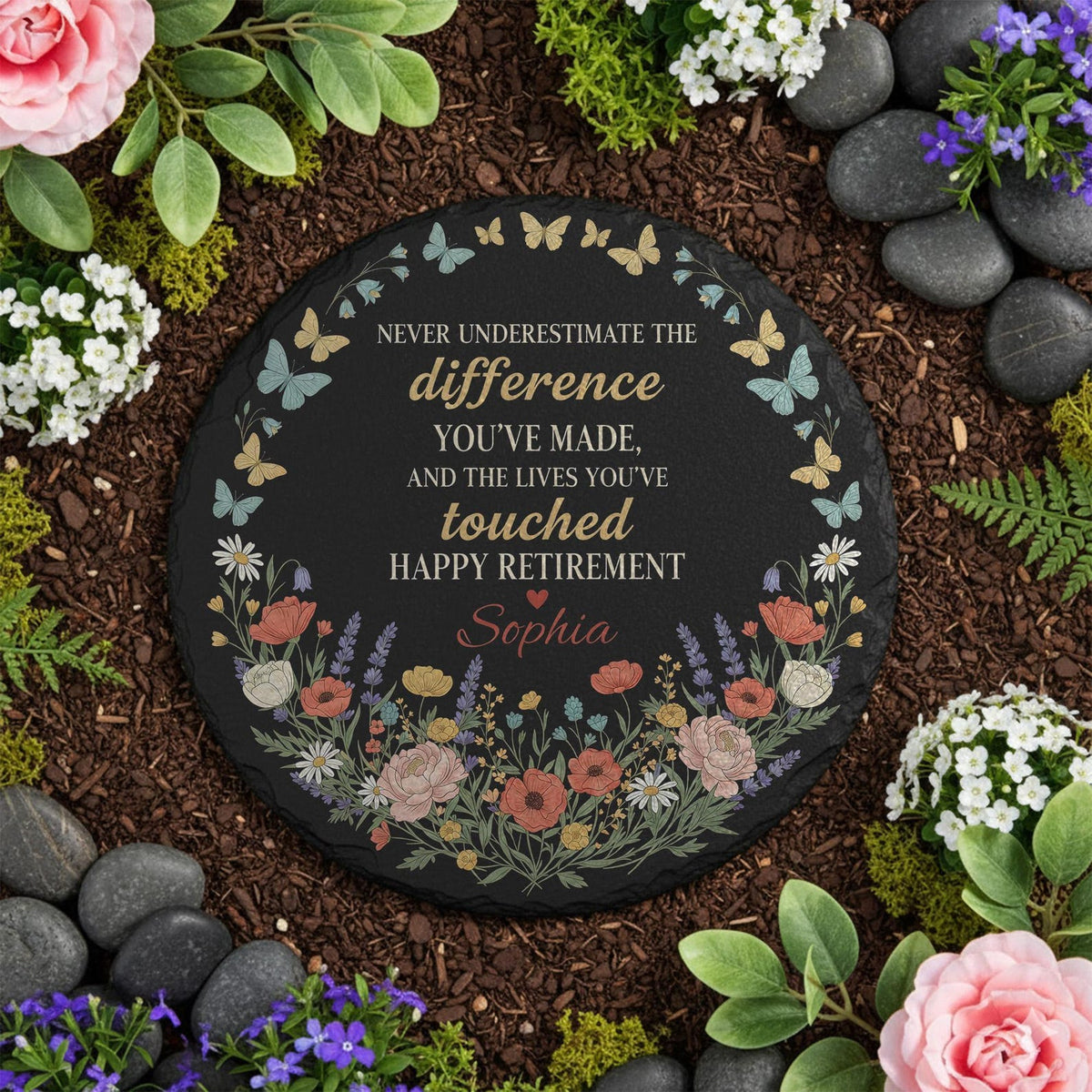 Personalized Slate Garden Stone: Custom Retirement Plaque Round Floral Yard Sign