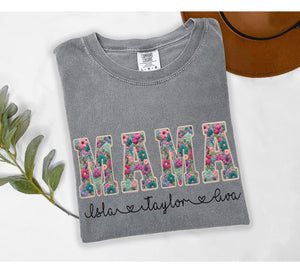 Personalized Mama Shirt With Kids Names Faux Embroidery Effect Mama Gift For Mothers Day Custom Mom Gift,Not Real Embroidery