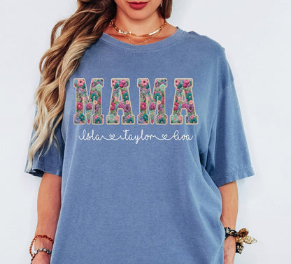 Personalized Mama Shirt With Kids Names Faux Embroidery Effect Mama Gift For Mothers Day Custom Mom Gift,Not Real Embroidery