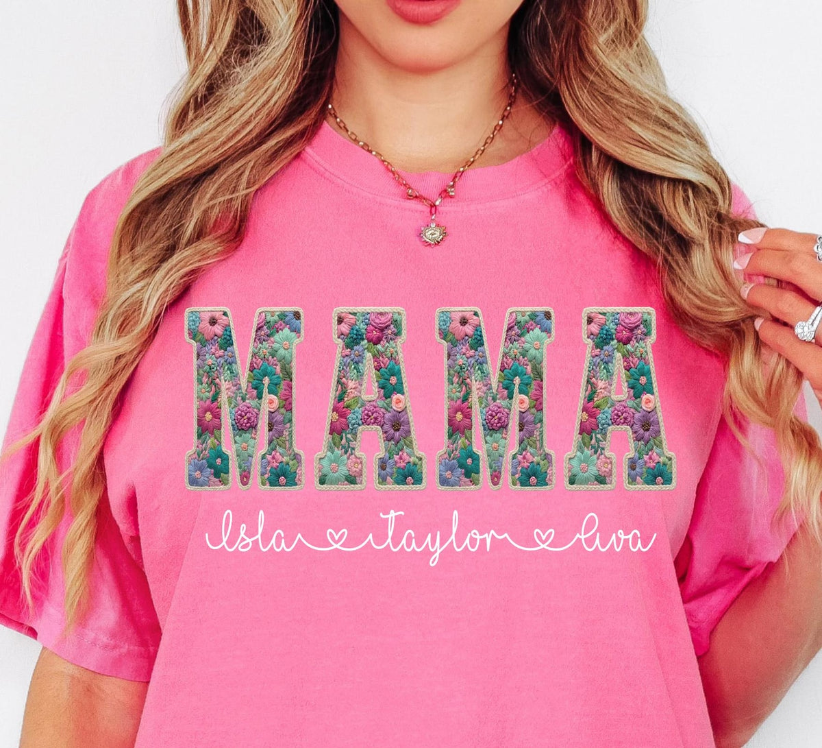 Personalized Mama Shirt With Kids Names Faux Embroidery Effect Mama Gift For Mothers Day Custom Mom Gift,Not Real Embroidery