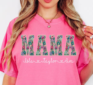 Personalized Mama Shirt With Kids Names Faux Embroidery Effect Mama Gift For Mothers Day Custom Mom Gift,Not Real Embroidery