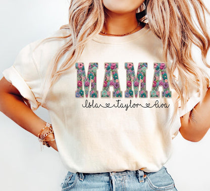 Personalized Mama Shirt With Kids Names Faux Embroidery Effect Mama Gift For Mothers Day Custom Mom Gift,Not Real Embroidery