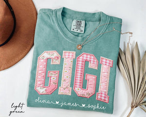 Personalized Gigi Shirt With Grandkids Names, Floral Faux Patchwork Grandma Tee, Mothers Day Gift For Nana, New Gigi Gifts