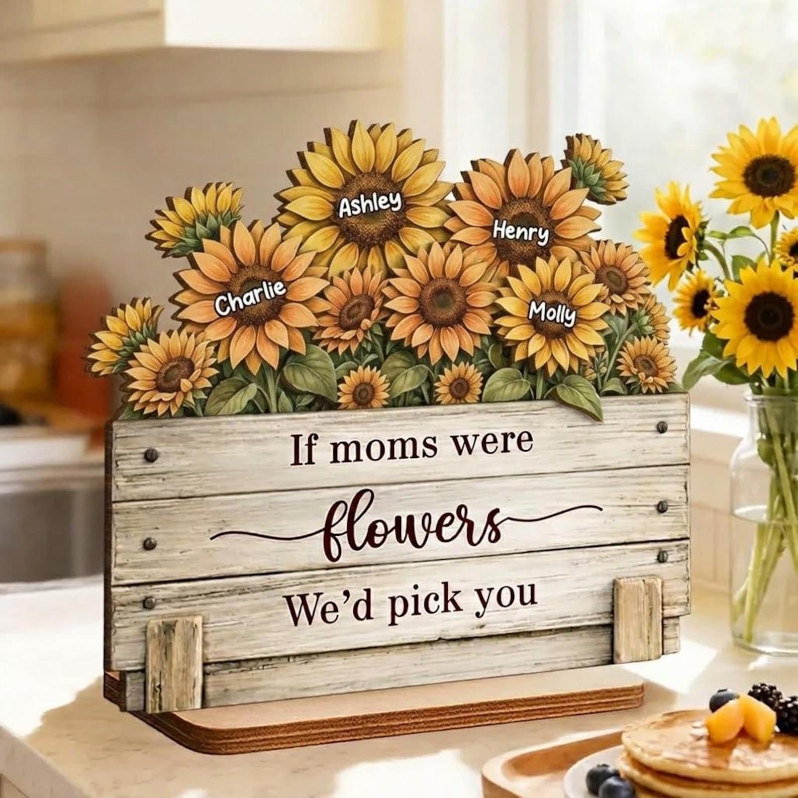 Personalized Sunflower Mom Sign, Custom Mother s Day Wooden Flower Box with Kids Names, Rustic Farmhouse Gift for Mom