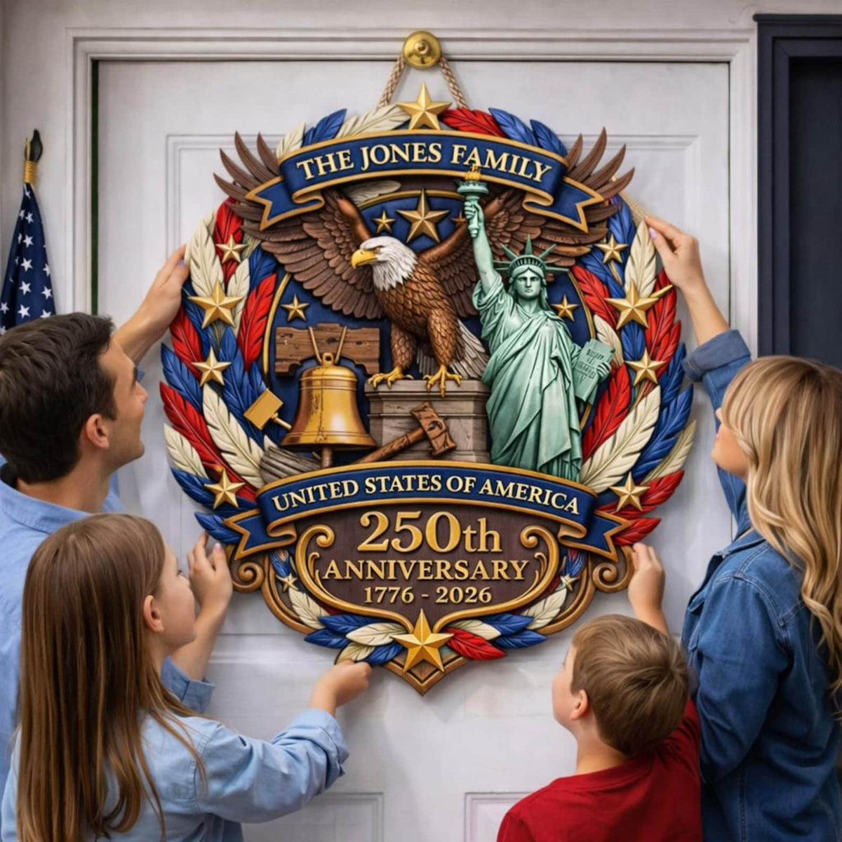 250th Anniversary America Door Hanger, 1776 2026 Patriotic Wood Door Sign, American 250 Wall Decor Sign, 250th Anniversary Porch Wooden Sign