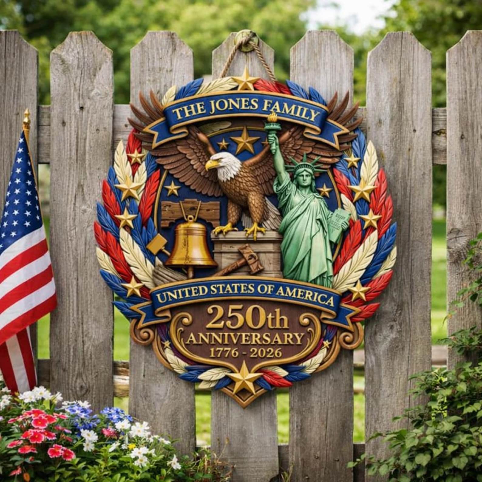 250th Anniversary America Door Hanger, 1776 2026 Patriotic Wood Door Sign, American 250 Wall Decor Sign, 250th Anniversary Porch Wooden Sign