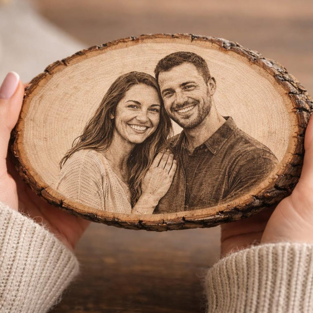 Custom Engraved Wood Photo Portrait, Laser Etched Basswood Keepsake, Rustic Anniversary Wedding Memorial Gift