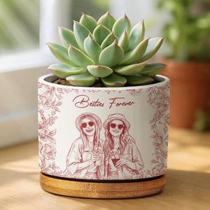 Custom Photo Pencil Sketch A True Friendship Is A Journey Without An End - Personalized Ceramic Plant Pot, Gift For Friends, Plant Lovers
