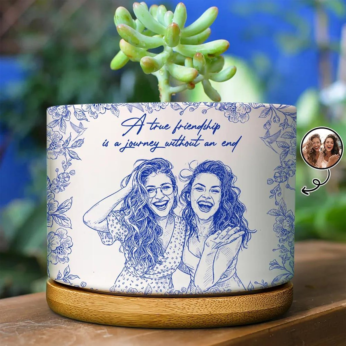 Custom Photo Pencil Sketch A True Friendship Is A Journey Without An End - Personalized Ceramic Plant Pot, Gift For Friends, Plant Lovers