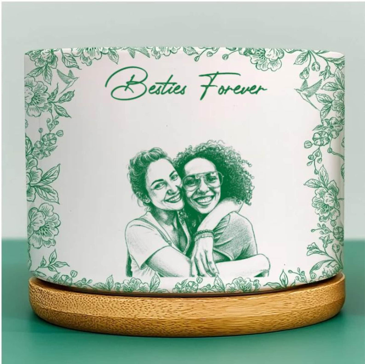 Custom Photo Pencil Sketch A True Friendship Is A Journey Without An End - Personalized Ceramic Plant Pot, Gift For Friends, Plant Lovers