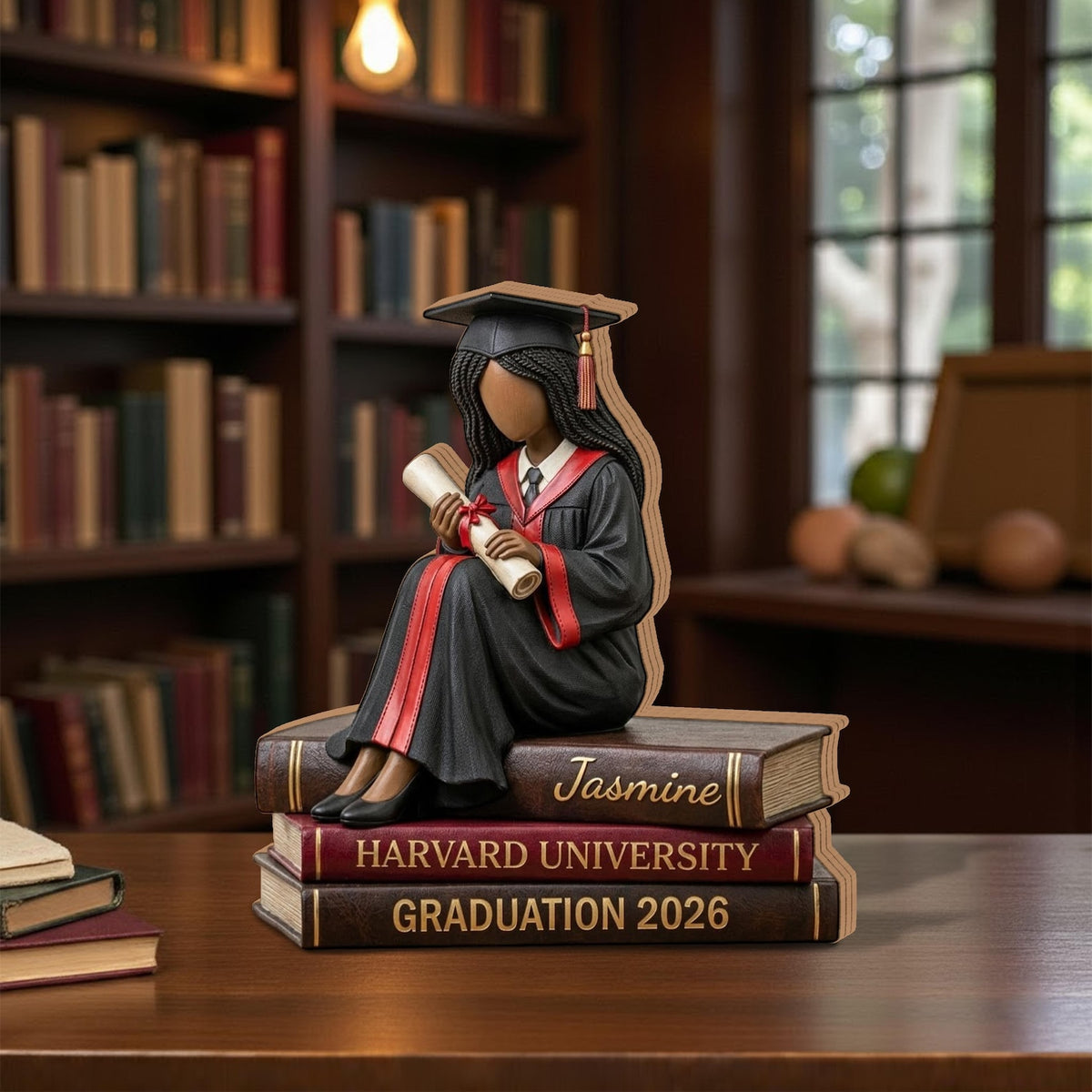 Black Graduate Figurine 2026, Personalized African American Graduation Gift, Custom Name University Book Decor