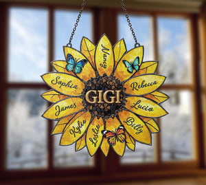 Personalized Sunflower Suncatcher, Custom Family Names, Stained Acrylic Window Art