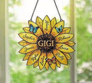 Personalized Sunflower Suncatcher, Custom Family Names, Stained Acrylic Window Art