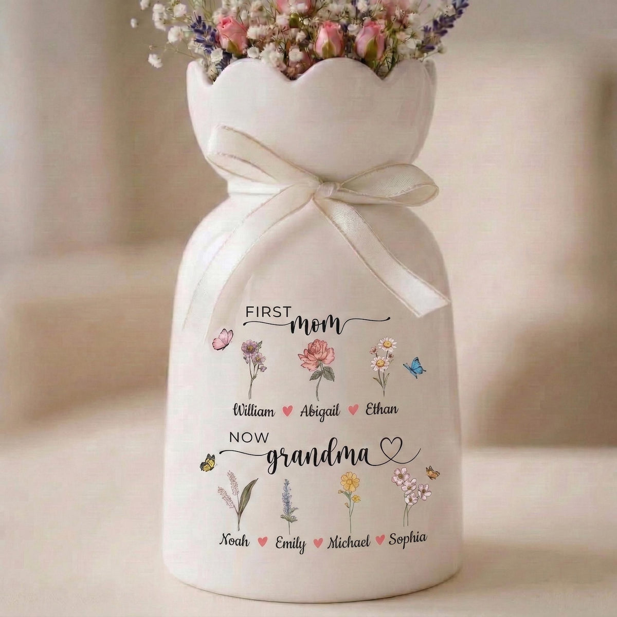 First Mom Now Grandma Vase, Nana's Garden Flower Vase, Birth Month Flower Vase, Birthday Gift for Nana, Family New Year Decor, Mother's Day