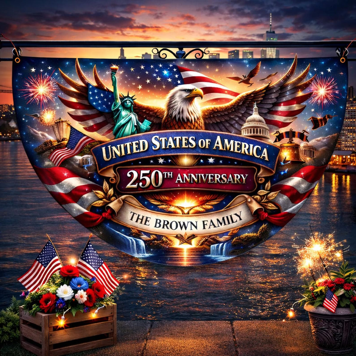 Personalized 250th Anniversary Semicircle Fence Flag Custom Family Name Patriotic Banner USA 1776 2026 Outdoor Independence Day Decor