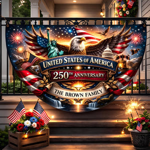 Personalized 250th Anniversary Semicircle Fence Flag Custom Family Name Patriotic Banner USA 1776 2026 Outdoor Independence Day Decor