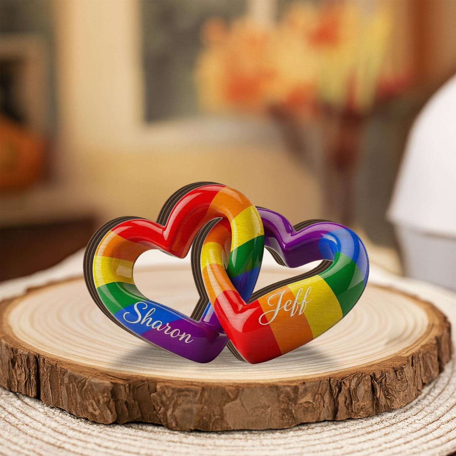 Personalized Rainbow Heart Block: Custom LGBT Interlocking Sign, Couple Name Decor