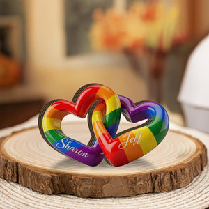 Personalized Rainbow Heart Block: Custom LGBT Interlocking Sign, Couple Name Decor