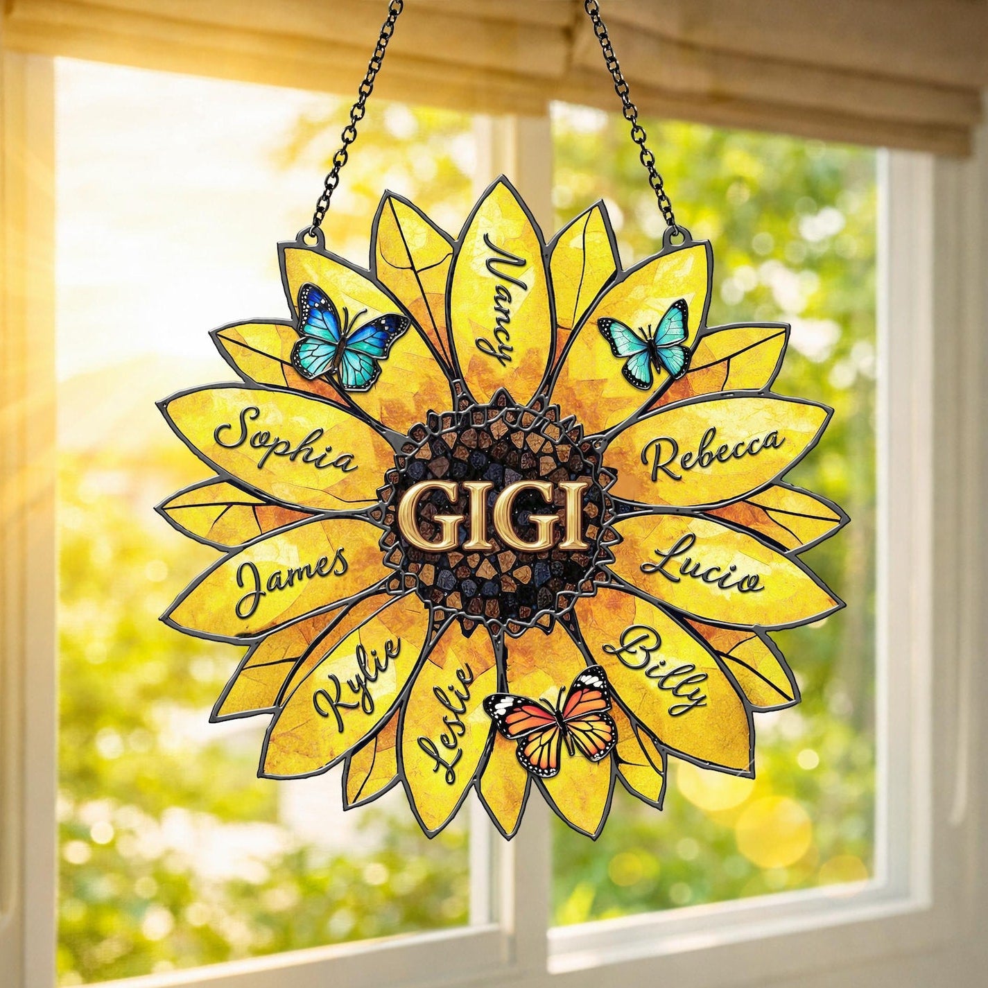 Personalized Sunflower Suncatcher, Custom Family Names, Stained Acrylic Window Art