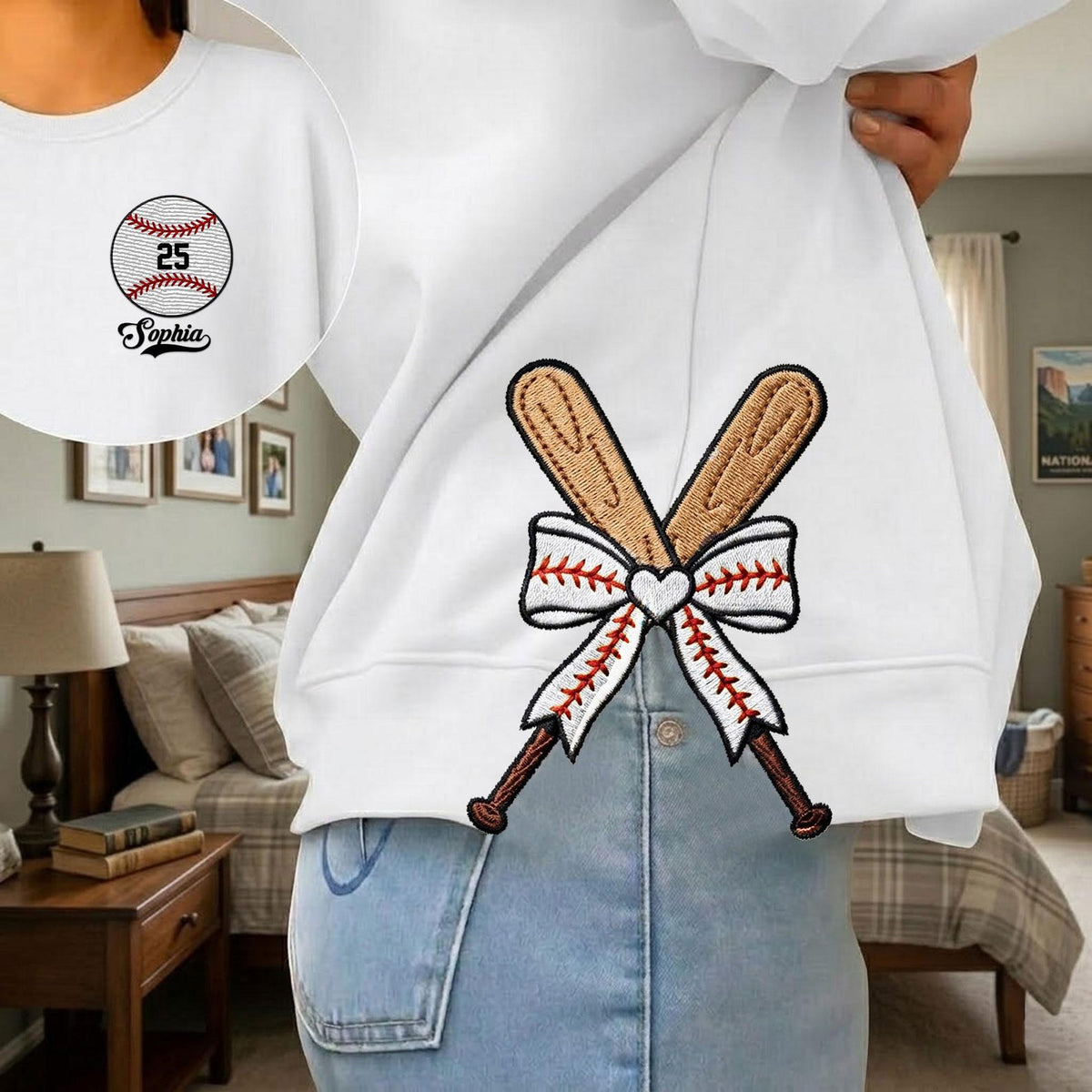 Personalized Baseball Side Bow Cut-Out Sweatshirt, Custom Name Number Sweatshirt, Baseball Mom Embroidered Sweatshirt, Baseball Coquette Bow