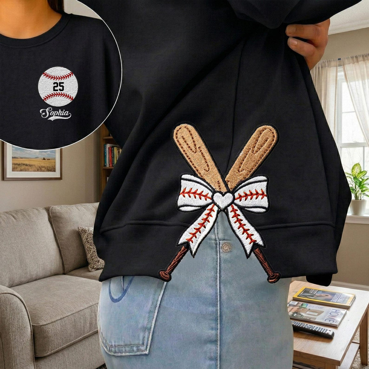 Personalized Baseball Side Bow Cut-Out Sweatshirt, Custom Name Number Sweatshirt, Baseball Mom Embroidered Sweatshirt, Baseball Coquette Bow