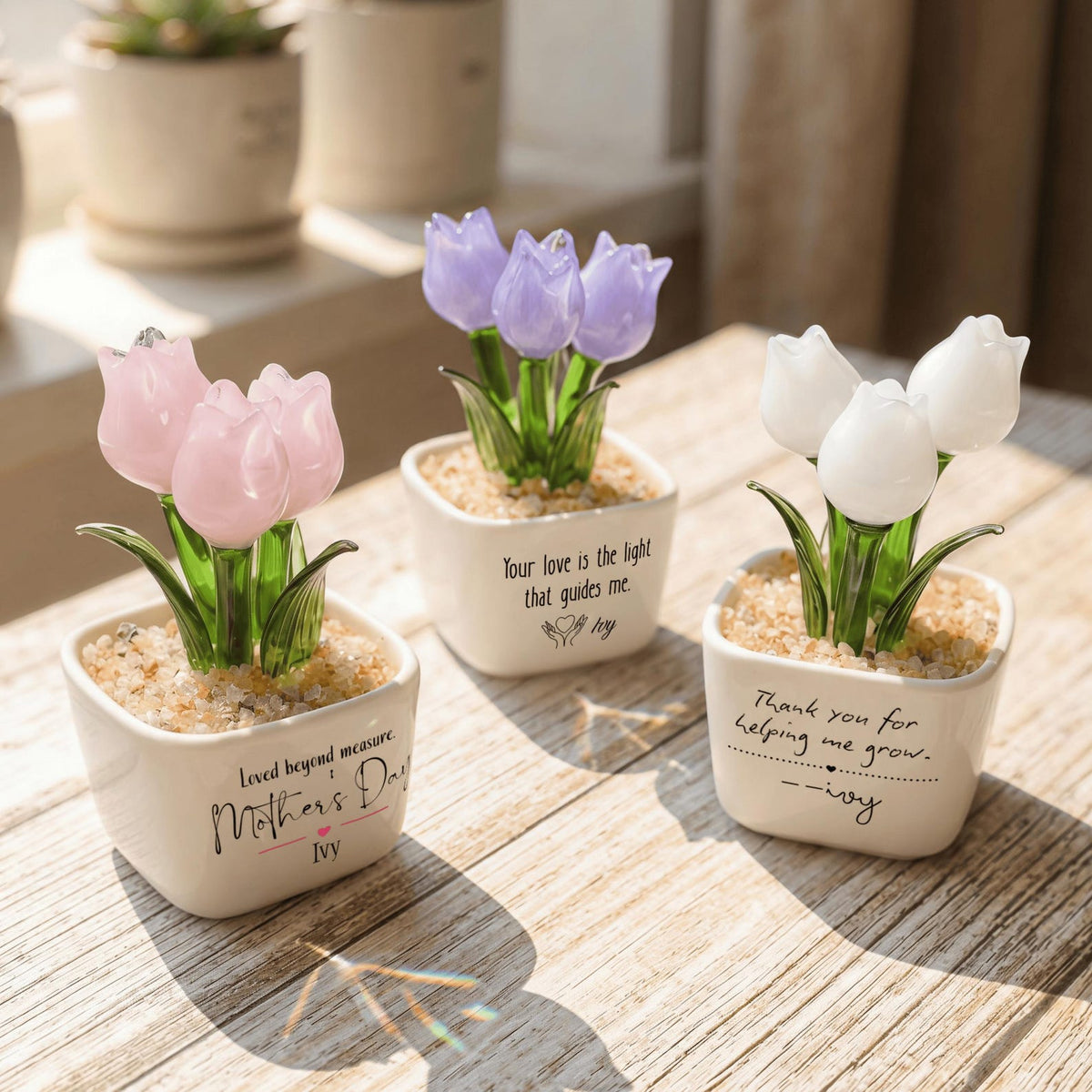 Personalized Glass Tulip, Custom Mother's Day Gift for Mom, Best Friend Birthday Present, Miniature Floral Desk Decor